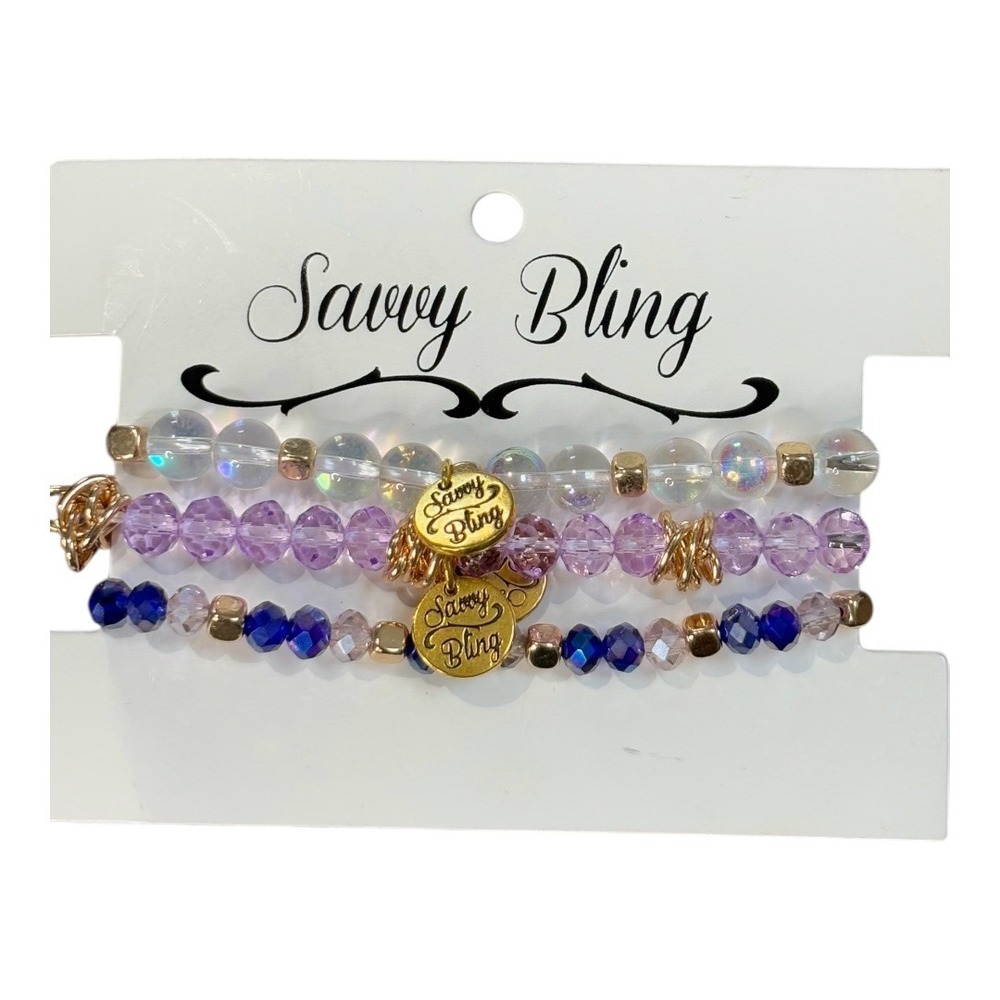 Savvy Bling Beaded Stretch Bracelet Set Womens OS Blue Purple Gold Stackable NEW